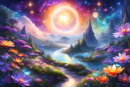a mesmerizing digital painting, a celestial beautiful fairy garden, home emerges, radiating vibrant luminescent hues against amazing magic cosmos. Its otherworldly form is a bright iridescent colours, that shimmer like precious gems and intricate patterns that seem to dance with life. The image captures every intricate detail of this vivacious picture, showcasing its celestial beauty in stunning high-definition