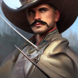 portrait,"Insanely detailed photograph of a male western mustachioed crossbowman", charo detailed, sequenced Sombrero, detailed held dagger, digital painting, artstation, concept art, smooth, sharp focus, illustration, art by artgerm and greg rutkowski and alphonse mucha, 8 k,fantasy, unreal engine