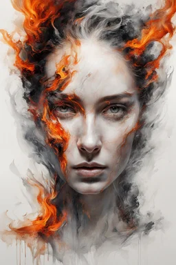 art, abstract, portrait of a woman with burning edges, white background, (intense and emotional visual experience:1.5), (captivating and fiery ambiance:1.3), (dramatic and captivating essence:1.2), (fiery details:1.3)