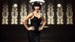 Louise Brooks, dressed in stockings and stilettos, with a black bob hairstyle with bangs and dark sultry eyes and red lips, standing with hands on hips, smiling in a 1920s background