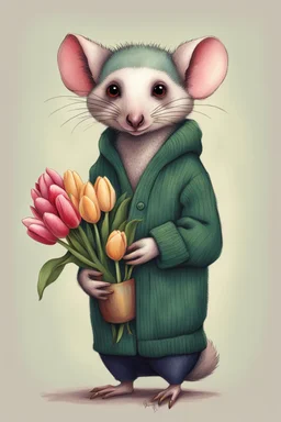Green opossum wearing cardigan holding a bouquet of tulips cute art