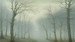 A pale bluish white foggy treetops with birds painted by John Atkinson Grimshaw