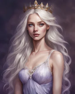 portrait of a petite athletic woman queen, medium breasts, long bluish blonde hair, amber and purple eyes, pale skin, dress, realistic art style