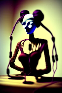 a surreal abstract image of a woman seated on a table,facing to the front ,she is connected to string like a puppet, arms in air, moved by the strings, puppet like features in the face, beautiful face, behind her also facing the front is the puppet master,is a huge image of a man holding the strings, creepy gothic character,.zoomed in, dark and shadowy background with selective lighting on the woman, gothic and chaotic