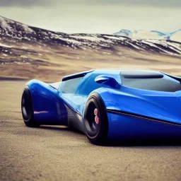 futuristic car, realistic, high details, with black windows, blue tires, metal shine, cinematic, driving in the arctic, blowing winds