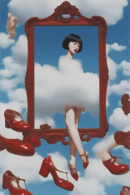 just legs girl legs in frame,cloud in blue sky, a red lip, collage art, shuji terayama, dreamy objects, surreal, criterion collection, showa era, intricate details, mirror