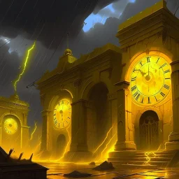 A yellow glowing ruins with clocks in a thunderstorm painted by Zosan