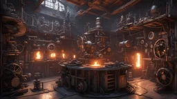 A workshop of a steampunk fantasy, filled with a variety of mechanical automatons in different stages of construction. The walls are lined with tools, gears, and blueprints, and a central forge glows with the heat of molten metal, Ultra Realism, beautiful intricate insanely detailed octane render, 5d, 16k, artistic photography, natural volumetric perfect light, chiaroscuro, award-winning photograph, masterpiece, rule of thirds, 80mm lens, adjust perspective