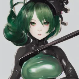 Detailed cute anime Kunoichi girl, green hair buns, greem bangs, black latex bodysuit, intricate details, full body portrait, keep head in frame, slight smile, black Japanese motif, concept art, highly detailed, digital painting, concept art, sharp focus, illustration, art by Yoji Shinkawa, WLOP and greg rutkowski and alphonse mucha and artgerm and yanjun Chen and Junji ito and Makoto Shinkai, HDR, octane render