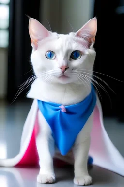 white cat super hero, blue eyes, T in pink dress, black shoes