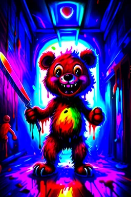 A maniacally laughing psycho evil teddy bear holding a knife, his one eyeball (made of a button and thread) hangs down his furry face, creepy, nightmarish, scary and surreal, the background is a bloody hallway erupted with bright multi-color flames, animatronic, cartoonist, absurdist, exaggerated, character design, horror cut v.I, horror art, five nights at Freddy, similar art to chucky, garbage art, graphic novel illustration style, videogame art, post modern cartoon, trending on artstation, Ka