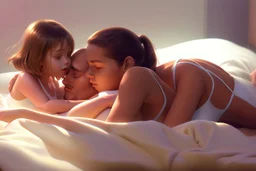 Digital painting of dad cuddling two beautiful young teenage girl in a swimsuit on a bed. eating a banana. with dad, artstation, 8k, extremely detailed, ornate, cinematic lighting, vivid.