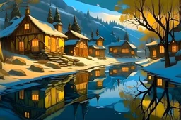 Landscape , winter, lit village, lake, snow, bright, cottonwood trees, old buildings, reflections, w , high detail,4k, in style of Nicholas Roerich