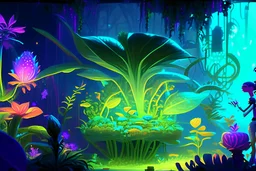 spaceship scene with a female humanoid plant made of vibrant, bioluminescent plant material. tending her garden on a spaceship Communicates through shifts in color and texture.