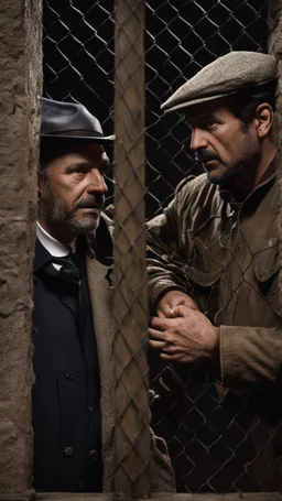 close-up photo, two Italians nightwatchmen, 45 years old, stocky, unshaved, at night, talking each other inside a guardhouse top-lit along the fence of a building, photorealistic, photographic, 32k