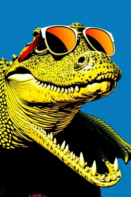 crocodile with sunglasses in the style of warhol