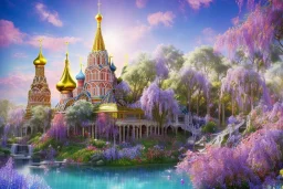 colorfull crystal russian PALACE, sun,swanns,waterfall, BLUE LAKE, SWANNs,fuksia bugainvillier flowers, jacaranda violet trees, sky pink blue, full of details, smooth, bright sunshine，soft light atmosphere, light effect，vaporwave colorful, concept art, smooth, extremely sharp detail, finely tuned detail, ultra high definition, 8 k, unreal engine 5, ultra sharp focus