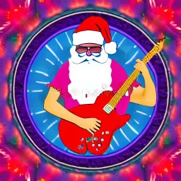 hippie Santa playing electric guitar psychedelic peace sign, MUSHROOMS