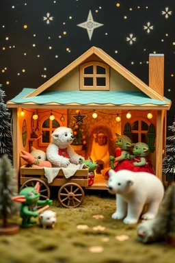 doll house with doll camping wagon and lotsa gremlins and starry background and an polar bear jesus