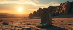Scene: A wide desolate rocky landscape Action: One enormous footprint in the foreground Lighting: Sunset or moonlight casting long shadows Caption placement: Floating above the scene or carved into stone