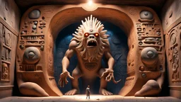 photorealistic strange paleozoic monster 3-foot "dimensional portal made of subatomic particles" in a gigantic Neanderthal jeweled palace hyeroglyphs on the walls, thunderbolt storm, strange paleozoic lifeform 3-foot praying