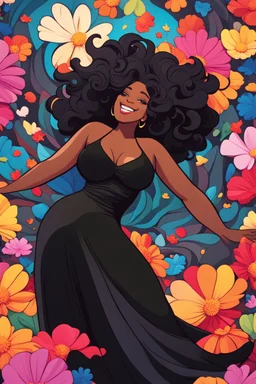 A sassy thick-lined abstract art style cartoon black female lounging lazily on her side, surrounded by colorful large flower petals. her curvy body silhouette a black maxi dress. Looking up coyly, she grins widely, showing teeth. Her poofy hair forms a mane framing her confident, regal expression.