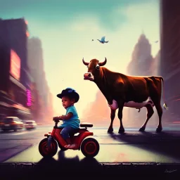 A one-year-old boy rides on the cow in the middle of a busy street in new york. photographic, bright colors and sunset, fantasy art, Anna Dittmann, digital painting, dan mumford, oil on canvas, jeff koons, akihito yoshida, wlop, kodachrome.