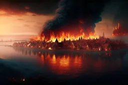 Dutch island city on fire in the distance