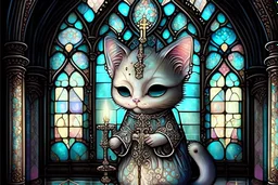 Cute chibi antropomorphic bioluminescent cat priest in a gothic church, tiffany glass windows extremely detailed intricate very attractive beautiful high definition crisp quality Nicoletta Ceccoli Catrin Welz-Stein Meghan Duncanson Dee Nicerson Naoto Hattari