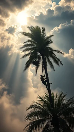 Sun light above swirling clouds, emerges from the heart of a raging storm. Turbulent winds of steam swirl around lit by shafts of sunlight that cast dramatic shadows on the A man climbing on a beautiful date palm tree, High quality 16k cinematic scene and great photography