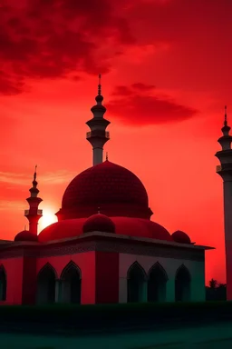 gambar masjid dengan pemandangan langit merah sore