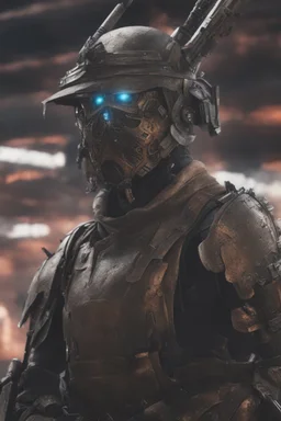 Close image of Anime depiction of a cybernetic samurai in a post-apocalyptic setting, focusing on the intricacies of the armor and weaponry, 8k realistic