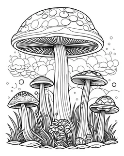 mushroom world minimalistic landscape. line art, background, vector, svg, coloring book page style, black outline on white background