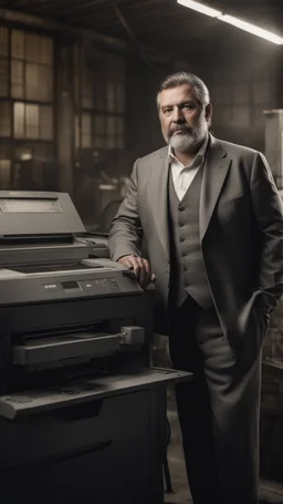 italian strong massive big chubby 50 year old man in smart gray suit, manly chest, unbuttoned shirt, short beard, shirtless, printer in an old printing house, next to a huge old printer, dim light, side light, ambient occlusion