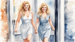 Open the door: youthful star Ginger Lynn in light dress stands on the doorstep with a smile [a chaotic pen sketch with a lot of strokes in stippling, aquarelle]