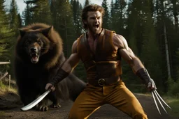 Still frame of Jared Keeso from Letterkenny as Marvel's Wolverine in a new movie. His claws are extended and he is wearing his orange and brown costume.