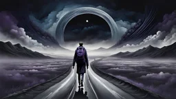 A solitary androgynous figure seen from behind, carrying an oversized heavy dark backpack, walking alone along a long winding road floating on a vast dark sky. Surreal abstract dreamscape, the road curving into endless darkness, abyss, mist, uncertainty and emotional weight, alone caracter, black gray, Dark blue, charcoal and muted purple tones, deep sky, digital art, etheral, atmospheric