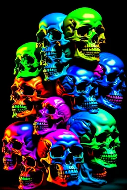 a stack of 1000 anatomically correct cartoonish skulls, vivid colors, dark comedy, well lit, high detail, photorealistic, dayglo, blacklight