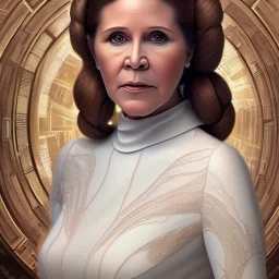 hyperspace background, complete and photo realistic detailed head to waist stunning photo realistic portrait of carrie fisher as Princess Leia in star wars with photo realistic minimal updo hair by Mandy Jurgens and mucha and Richard Schmid and chuck close and chie yoshii, extraordinary and detailed ceremony dress of star wars,brown eyes