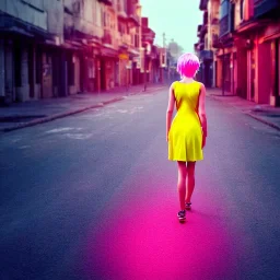 Beautiful lonely girl who walks along a street without people at dawn. You see her from behind. She wears very short yellow dress. She has short pink hair with glowing crystals. Full body, 8k resolution concept art. Professional Photo HD. Stylish. Warm vivid colors. Panoramic