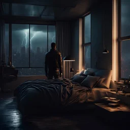 A man, seeing the city through the window, beautiful cozy bedroom with floor to ceiling glass windows overlooking a cyberpunk city at night, thunderstorm outside with torrential rain, detailed, high resolution, photo realistic, dark, gloomy, moody aesthetic, intricate details, unreal engine 5, perfect lighting, muted tones, amazing photo.