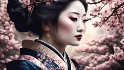 Japanese Geisha, illustration, digital art ,Vintage, Gothic, God Rays, vibrant colours, stylish ,Dark and Gorgeous art , GOD LIGHTING, Eiko Ishioka costume designer,, 32Κ, macro realistic,macro, sunbeams,beautiful, insanely detailed, cherryblossom zen garden, manga,anime,