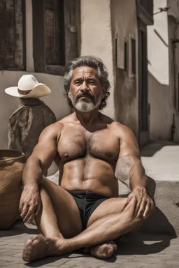 strong beefy burly mature mexican man sunbathing, sitted on an empty street, 43 years old, shirtless, shorts, manly chest, very hairy, short beard, big shoulders, relaxed, photorealistic, well defined facial features, half figure photography, view angle from the ground