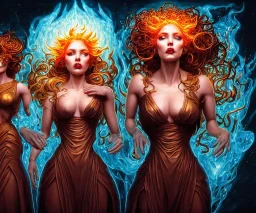 Four doll divine representing each, one of each of the elements of the four elements: Fire: Earth: Air: Water. Four female figures. Mark Brooks and Dan Mumford, comic book art, perfect, smooth elemental galactic space core. Detailed photograph, WLOP, Unreal Engine 5 volumetric lighting Insanely intricate face hair lashes hyper detailed painting by Ismail Inceoglu Huang Guangjian and Dan Witz Central fantasy art album cover art resolution HD