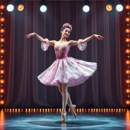 create of a beautiful balerina in pretty clothing in a modern cifi stage in her performance cinamatic lights .dancing lambada