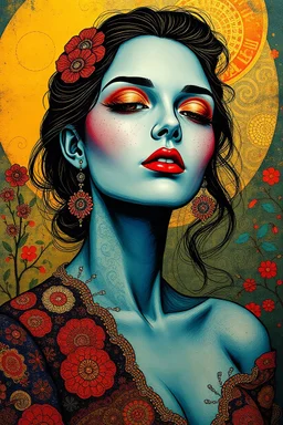 Surreal-dadaism of beautiful woman,fauvism mondrial by Ross Draws,Andy Kehoe, Hokusai, bold colors,gold foil, zentangle art by Norman Rockwel