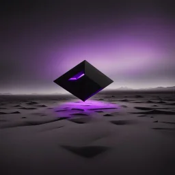 a large dark black rhombus with a neon purple outline floating over a desolate monochrome landscape