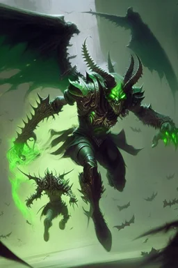 Demonio con armadura verde y negra corriendo hacia un angel