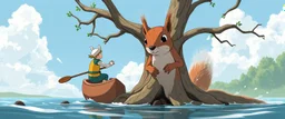 Finn's paddling like crazy, I'm laughing so hard I'm paddling backwards We arrive at Squirrel Island – Bigalow leaps out, does a victory dance, and then... Starts digging like a maniac near the base of the oldest oak tree Finn whispers to me: "Think he knows the acorns are guarded by Squirrelzilla..." Suddenly, a fierce chattering noise echoes – A GIANT SQUIRREL EMERGES, EYES FIXED ON BIGALOW!