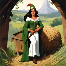 woman version of Maid Marian, on a haystack in a barn with a parchment [art by Steve Rude] Robin Hood